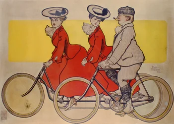 Mann auf einem Fahrrad und Frauen auf einem Tandem, 1905